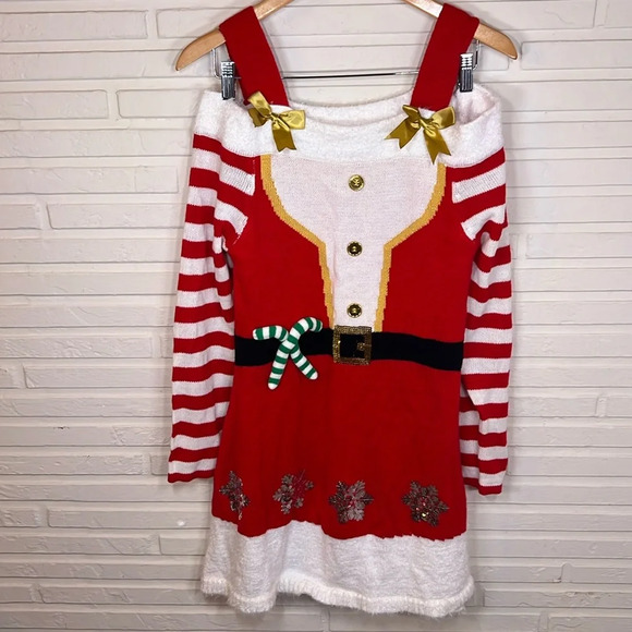 Derek Heart Red Striped Cold Shoulder Christmas Dress, Women’s Size Large - Picture 1 of 8
